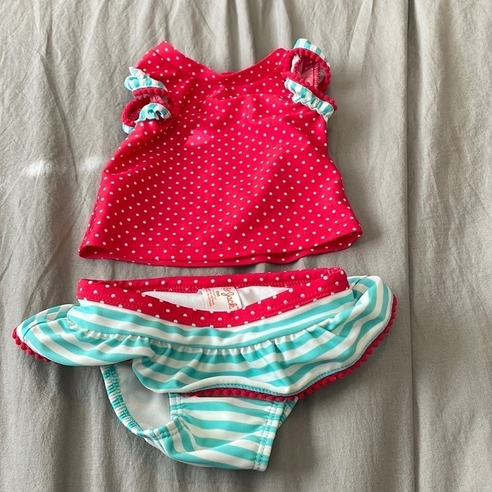 Cat & Jack Baby Infant Red Polka Dot Teal Stripe Ruffle Two Piece Swimsuit‌‌‌‌‌